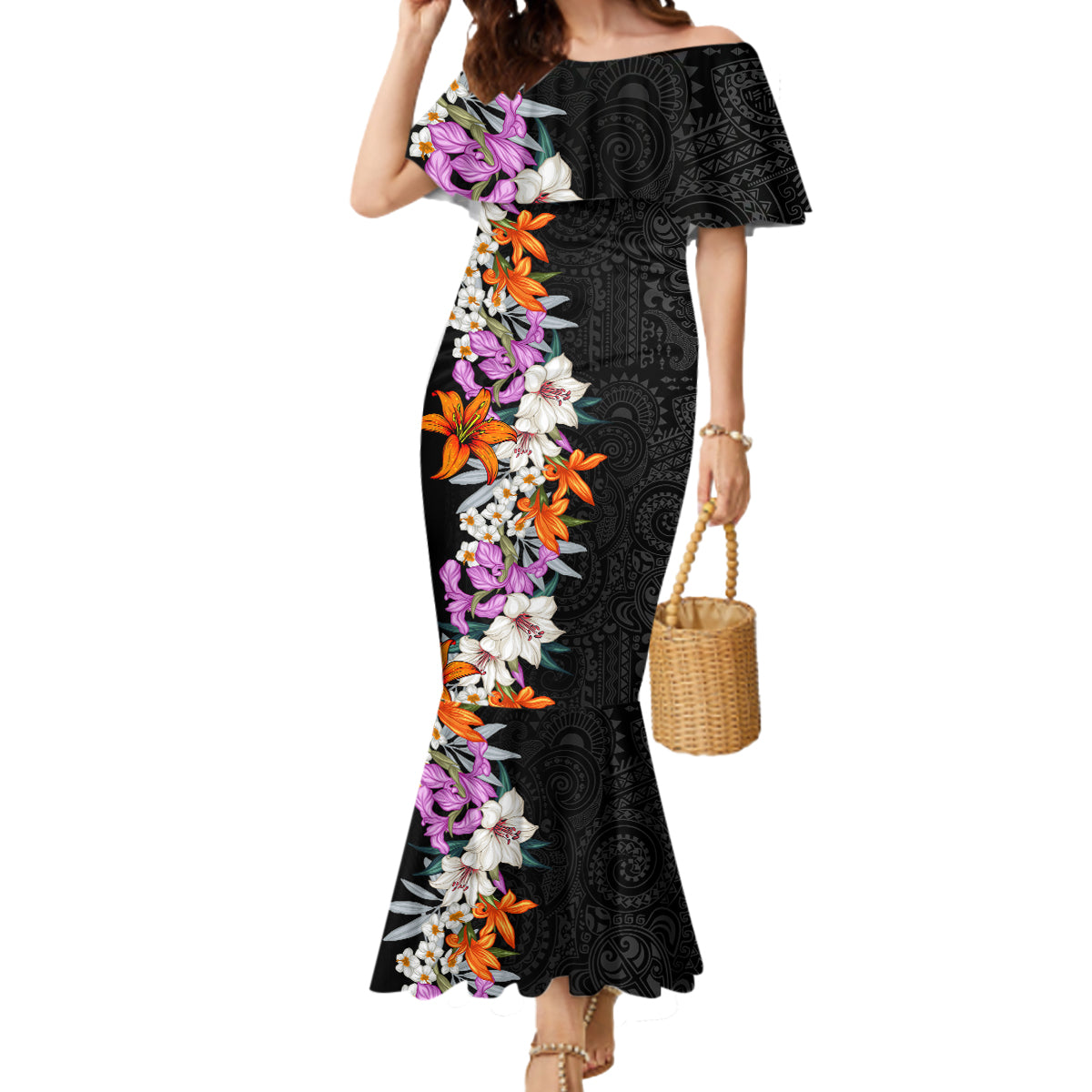 Hawaii Tropical Leaves and Flowers Mermaid Dress Tribal Polynesian Pattern LT03 Women Black - Polynesian Pride