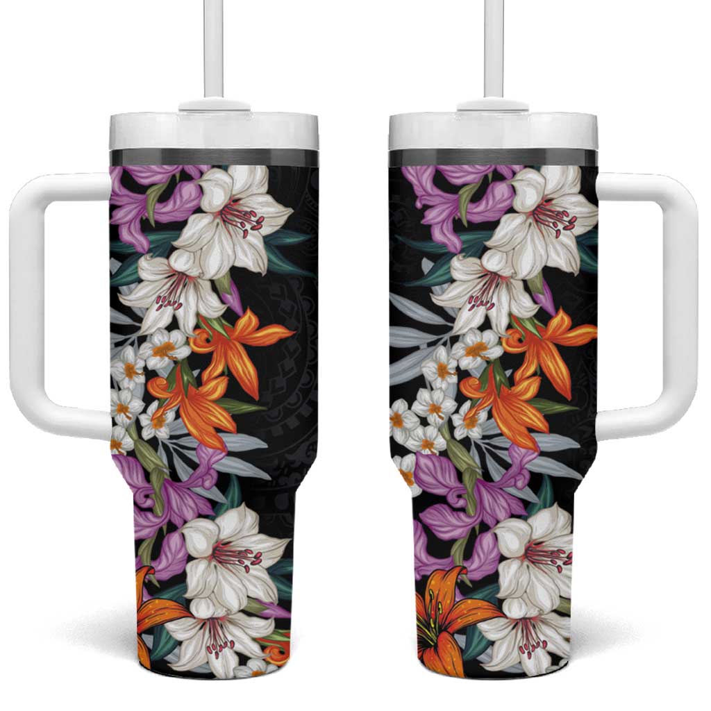 Hawaii Tropical Leaves and Flowers Tumbler With Handle Tribal Polynesian Pattern