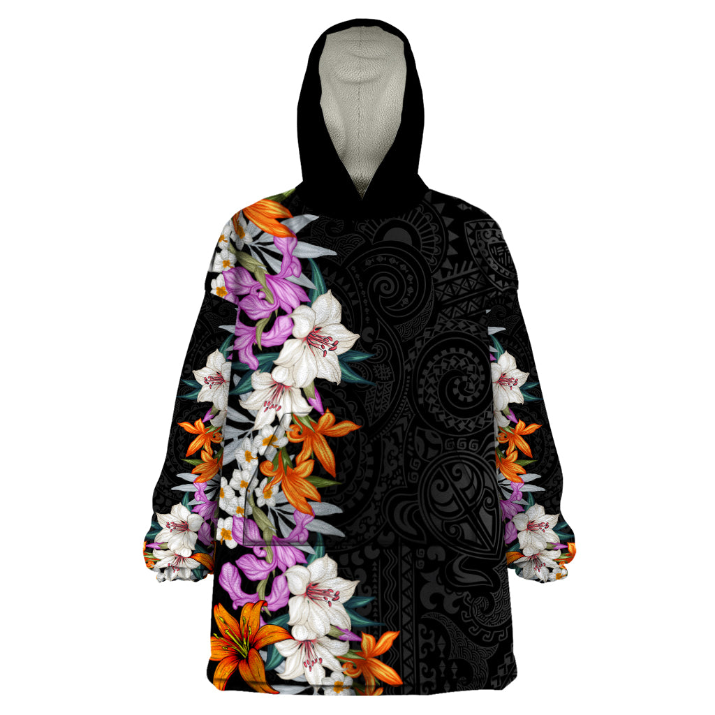 Hawaii Tropical Leaves and Flowers Wearable Blanket Hoodie Tribal Polynesian Pattern LT03 One Size Black - Polynesian Pride