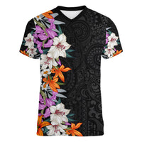 Hawaii Tropical Leaves and Flowers Women V Neck T Shirt Tribal Polynesian Pattern LT03 Female Black - Polynesian Pride