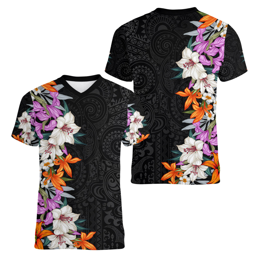 Hawaii Tropical Leaves and Flowers Women V Neck T Shirt Tribal Polynesian Pattern LT03 - Polynesian Pride