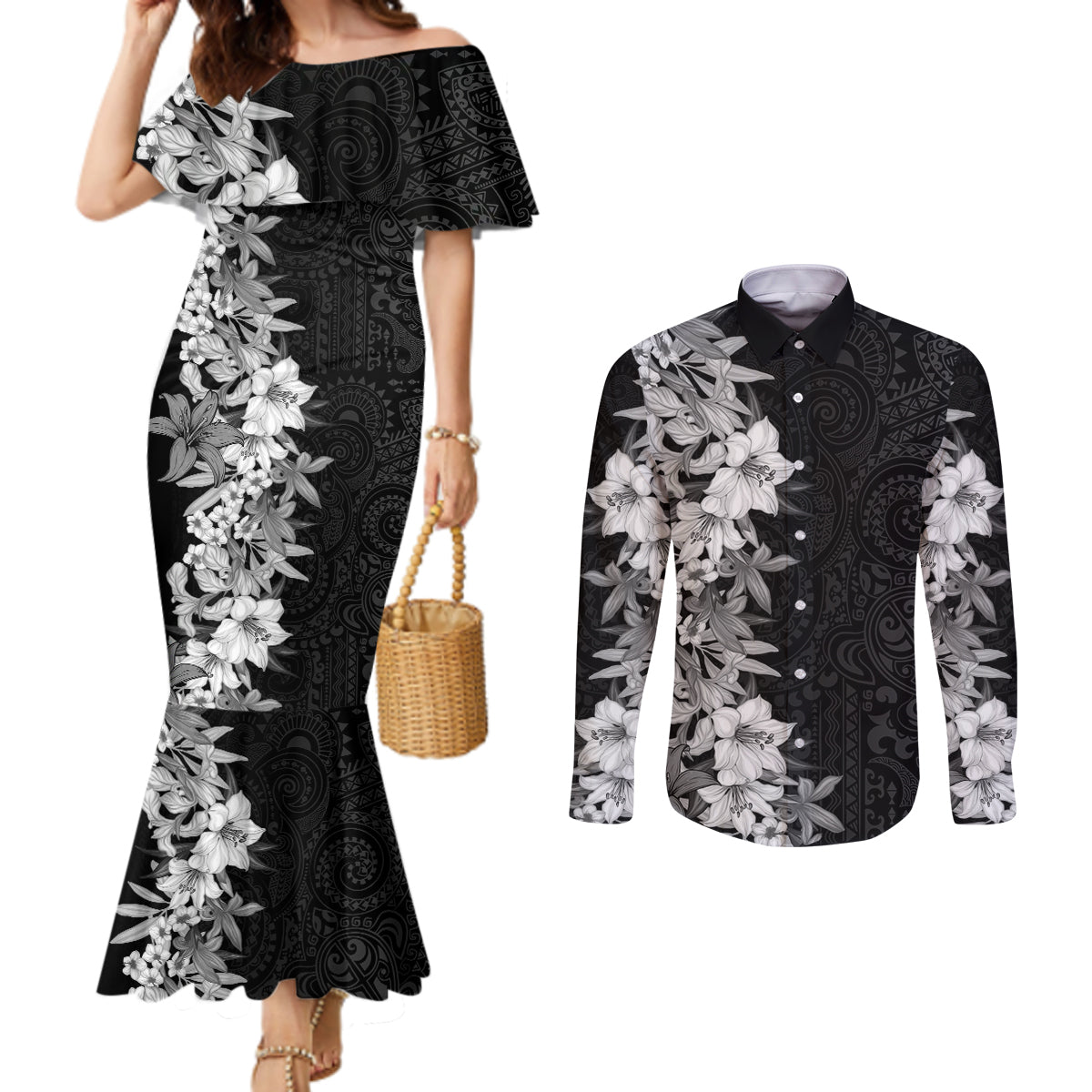 Hawaii Tropical Leaves and Flowers Couples Matching Mermaid Dress and Long Sleeve Button Shirt Tribal Polynesian Pattern Black White Style LT03 Black - Polynesian Pride