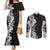Hawaii Tropical Leaves and Flowers Couples Matching Mermaid Dress and Long Sleeve Button Shirt Tribal Polynesian Pattern Black White Style LT03 Black - Polynesian Pride