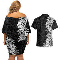 Hawaii Tropical Leaves and Flowers Couples Matching Off Shoulder Short Dress and Hawaiian Shirt Tribal Polynesian Pattern Black White Style LT03 - Polynesian Pride