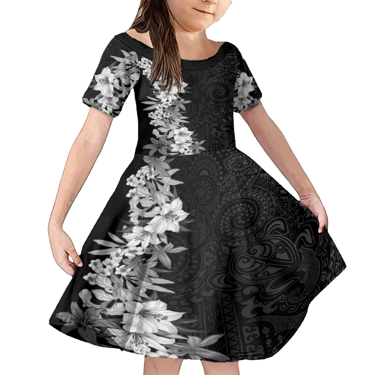 Hawaii Tropical Leaves and Flowers Family Matching Long Sleeve Bodycon Dress and Hawaiian Shirt Tribal Polynesian Pattern Black White Style LT03 Daughter's Dress Black - Polynesian Pride