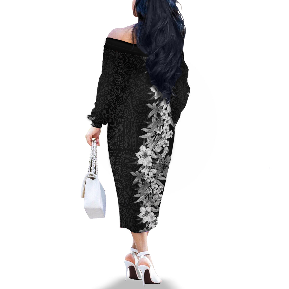 Hawaii Tropical Leaves and Flowers Family Matching Off Shoulder Long Sleeve Dress and Hawaiian Shirt Tribal Polynesian Pattern Black White Style LT03 - Polynesian Pride