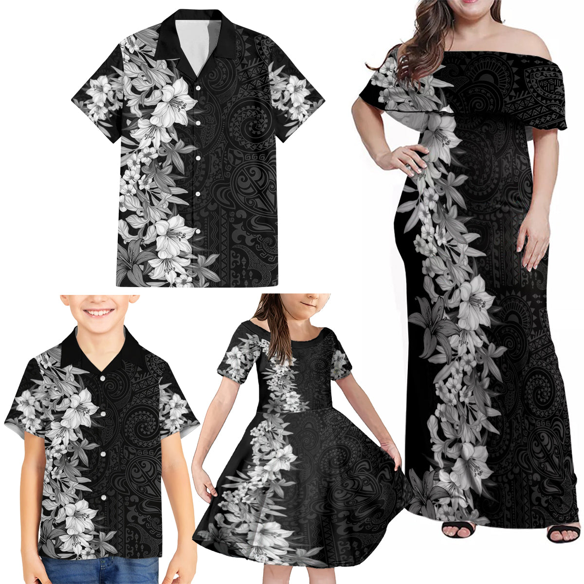 Hawaii Tropical Leaves and Flowers Family Matching Off Shoulder Maxi Dress and Hawaiian Shirt Tribal Polynesian Pattern Black White Style LT03 - Polynesian Pride