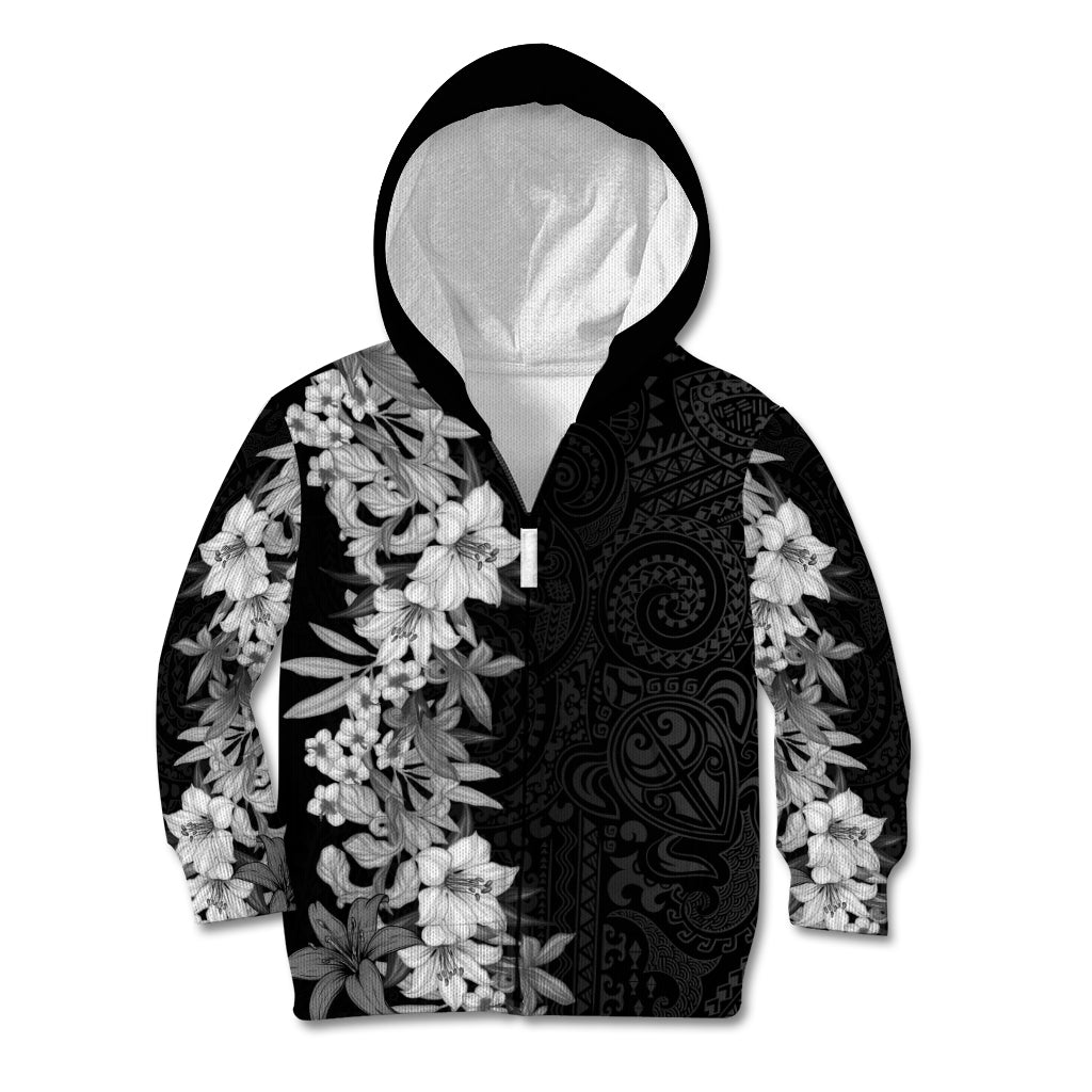 Hawaii Tropical Leaves and Flowers Kid Hoodie Tribal Polynesian Pattern Black White Style LT03 Zip Hoodie Black - Polynesian Pride
