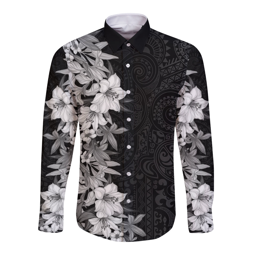 Hawaii Tropical Leaves and Flowers Long Sleeve Button Shirt Tribal Polynesian Pattern Black White Style LT03 Unisex Black - Polynesian Pride