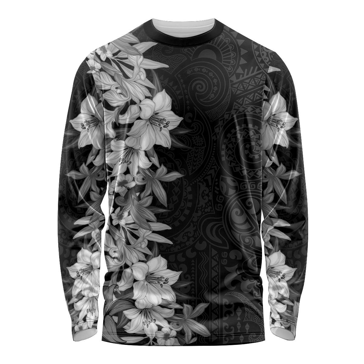 Hawaii Tropical Leaves and Flowers Long Sleeve Shirt Tribal Polynesian Pattern Black White Style LT03 Unisex Black - Polynesian Pride