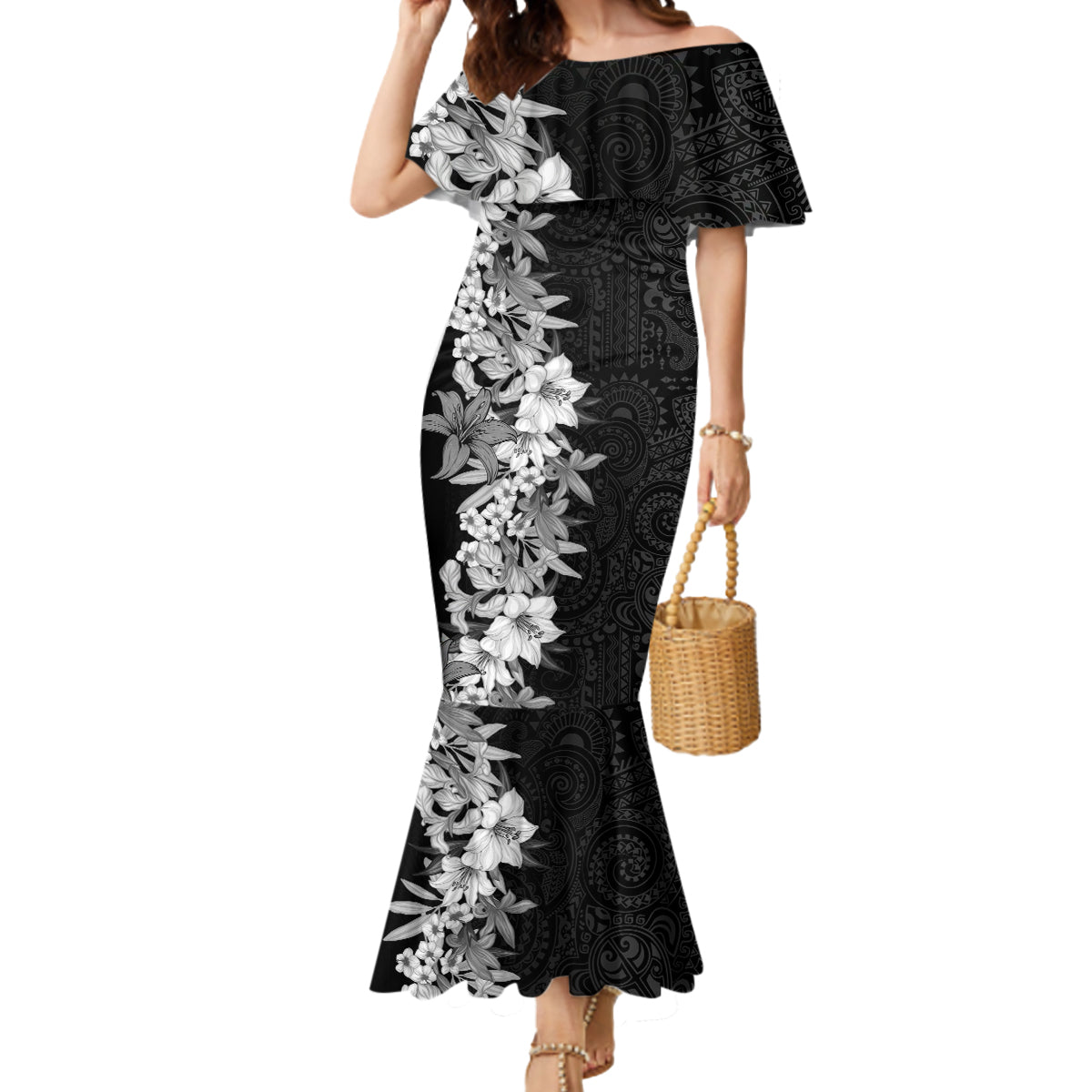 Hawaii Tropical Leaves and Flowers Mermaid Dress Tribal Polynesian Pattern Black White Style LT03 Women Black - Polynesian Pride