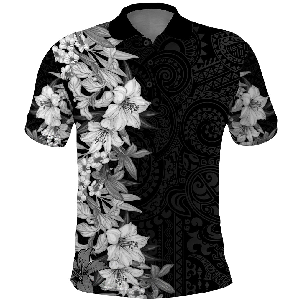 Hawaii Tropical Leaves and Flowers Polo Shirt - Tribal Polynesian Pattern Black White Style LT03 Black - Polynesian Pride