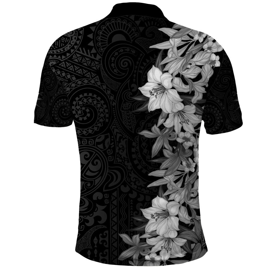 Hawaii Tropical Leaves and Flowers Polo Shirt - Tribal Polynesian Pattern Black White Style LT03 - Polynesian Pride
