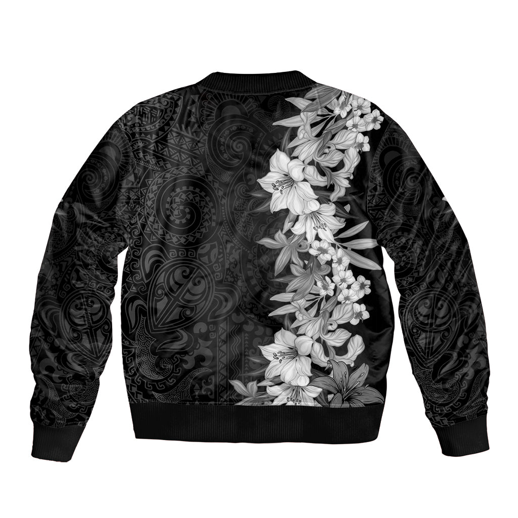 Hawaii Tropical Leaves and Flowers Sleeve Zip Bomber Jacket Tribal Polynesian Pattern Black White Style LT03 - Polynesian Pride
