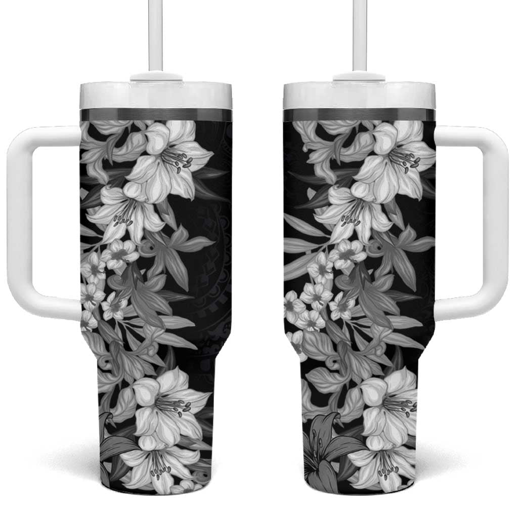 Hawaii Tropical Leaves and Flowers Tumbler With Handle Tribal Polynesian Pattern Black White Style