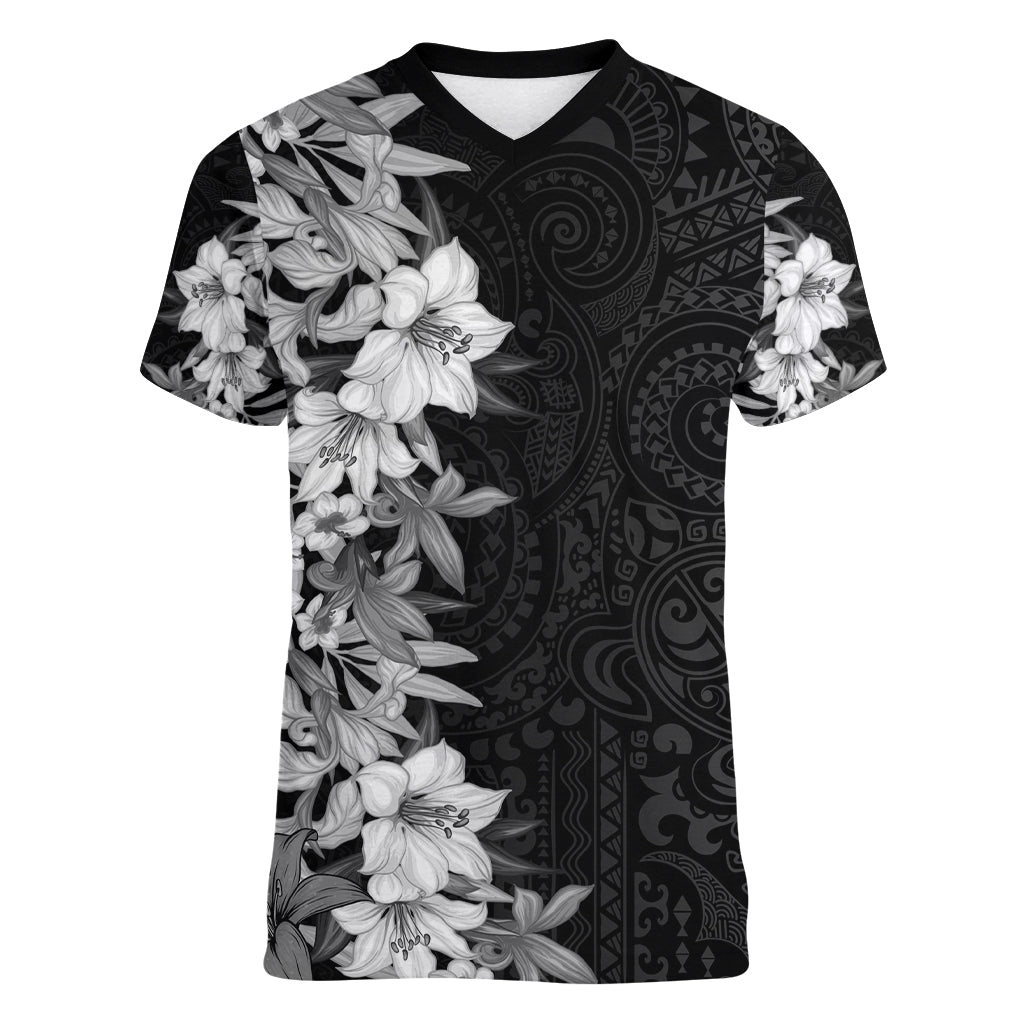 Hawaii Tropical Leaves and Flowers Women V Neck T Shirt Tribal Polynesian Pattern Black White Style LT03 Female Black - Polynesian Pride