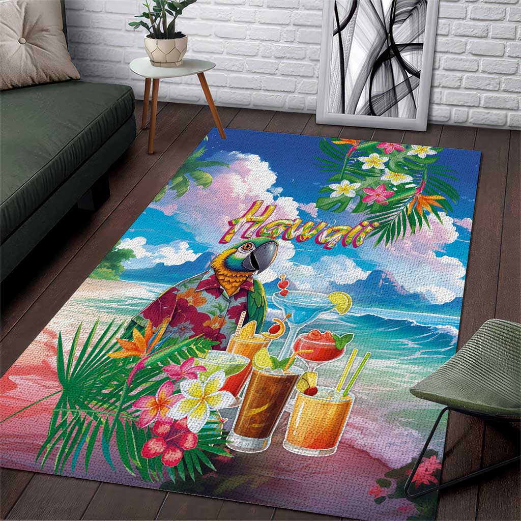 Hawaii Cocktails Area Rug Parrot with Cute Beach Landscape and Tropical Plants