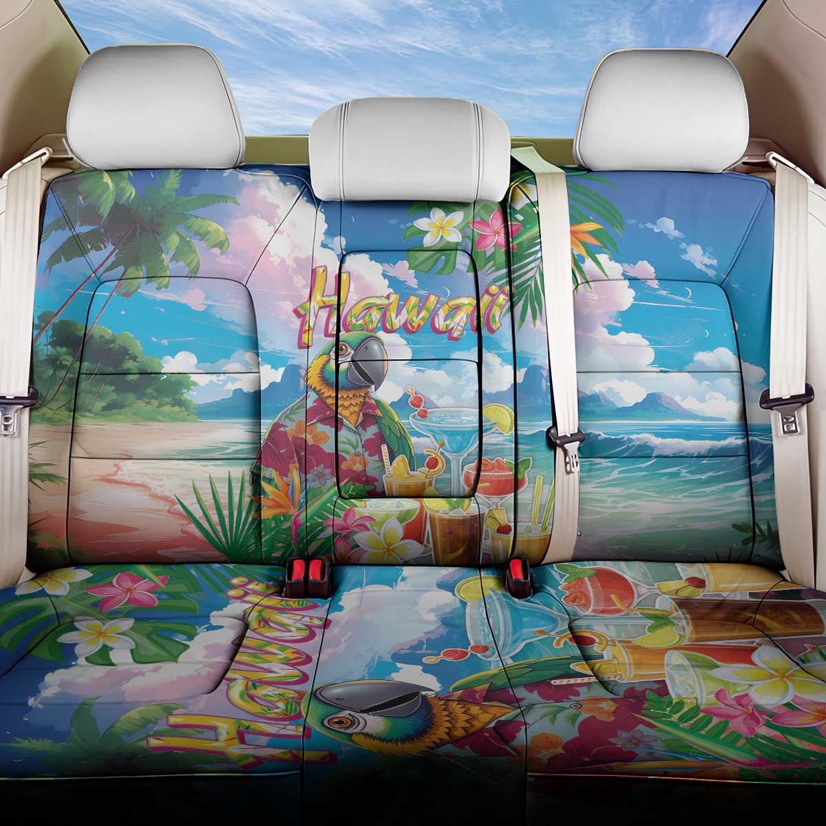 Hawaii Cocktails Back Car Seat Cover Parrot with Cute Beach Landscape and Tropical Plants