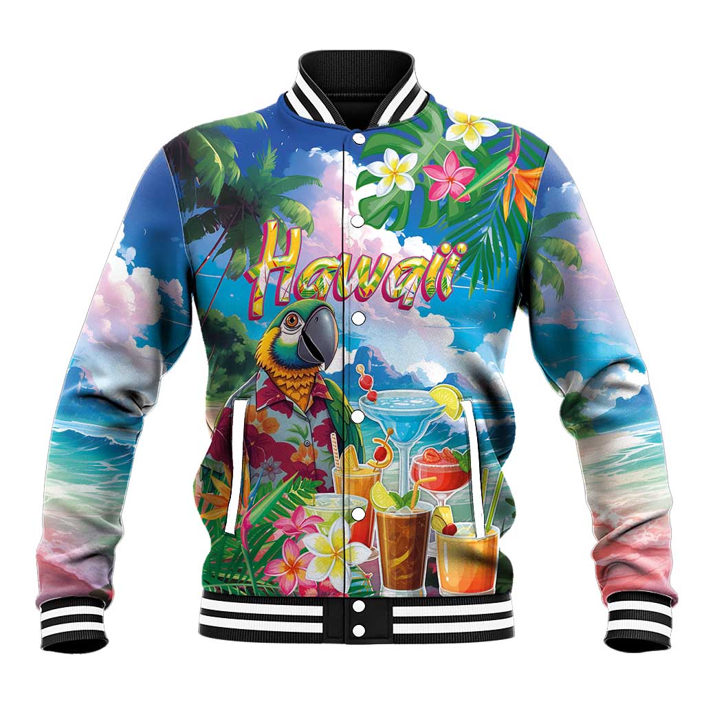 Hawaii Cocktails Baseball Jacket Parrot with Cute Beach Landscape and Tropical Plants