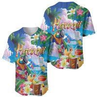 Hawaii Cocktails Baseball Jersey Parrot with Cute Beach Landscape and Tropical Plants