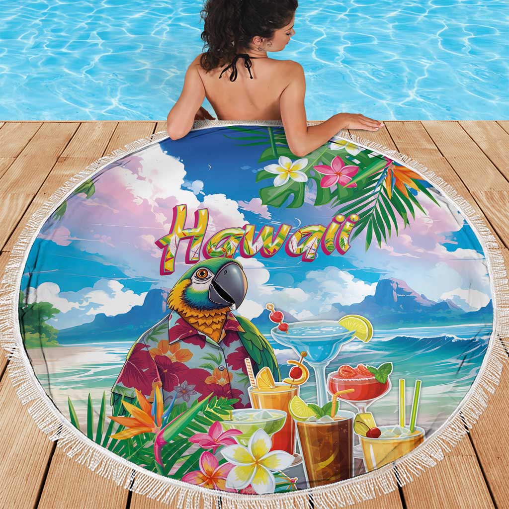 Hawaii Cocktails Beach Blanket Parrot with Cute Beach Landscape and Tropical Plants