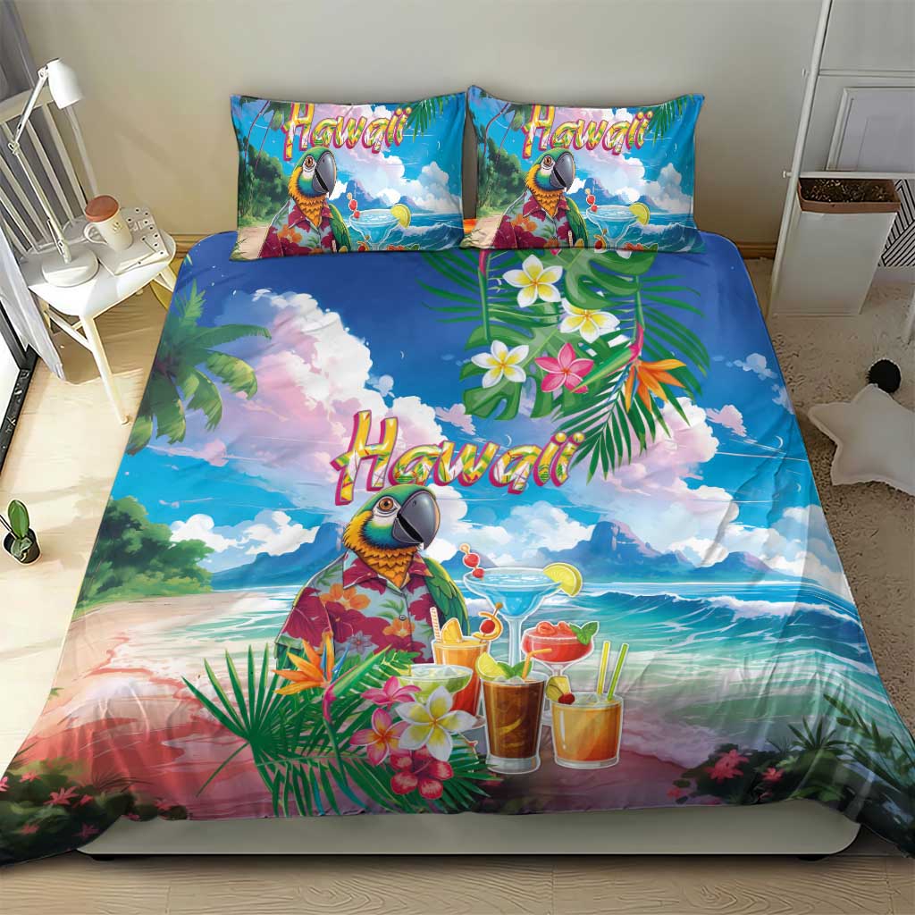Hawaii Cocktails Bedding Set Parrot with Cute Beach Landscape and Tropical Plants