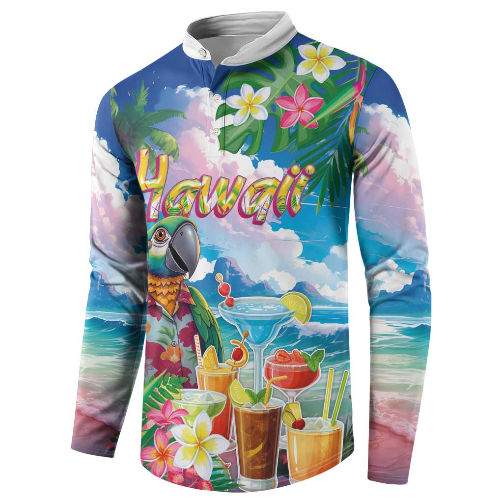 Hawaii Cocktails Button Sweatshirt Parrot with Cute Beach Landscape and Tropical Plants