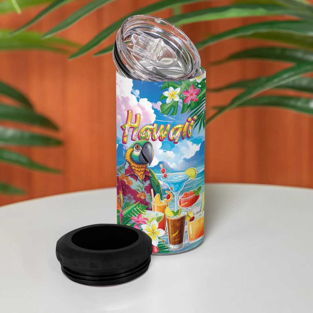 Hawaii Cocktails 4 in 1 Can Cooler Tumbler Parrot with Cute Beach Landscape and Tropical Plants