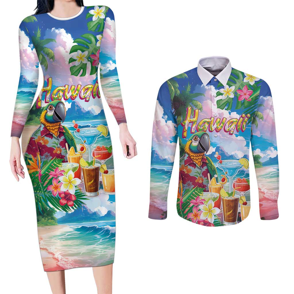 Hawaii Cocktails Couples Matching Long Sleeve Bodycon Dress and Long Sleeve Button Shirt Parrot with Cute Beach Landscape and Tropical Plants