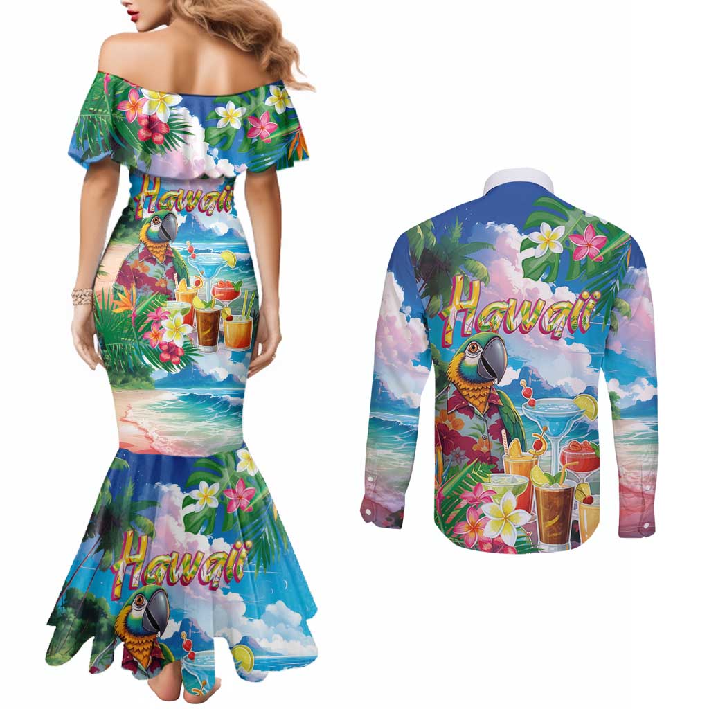 Hawaii Cocktails Couples Matching Mermaid Dress and Long Sleeve Button Shirt Parrot with Cute Beach Landscape and Tropical Plants