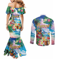 Hawaii Cocktails Couples Matching Mermaid Dress and Long Sleeve Button Shirt Parrot with Cute Beach Landscape and Tropical Plants