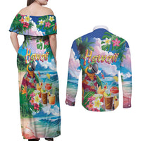 Hawaii Cocktails Couples Matching Off Shoulder Maxi Dress and Long Sleeve Button Shirt Parrot with Cute Beach Landscape and Tropical Plants
