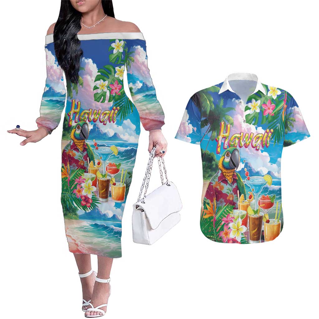 Hawaii Cocktails Couples Matching Off The Shoulder Long Sleeve Dress and Hawaiian Shirt Parrot with Cute Beach Landscape and Tropical Plants