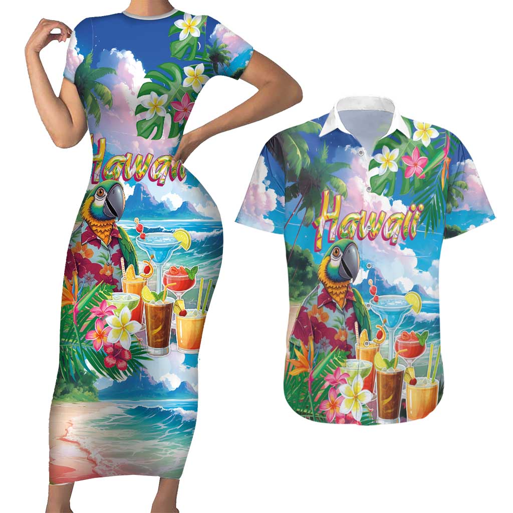 Hawaii Cocktails Couples Matching Short Sleeve Bodycon Dress and Hawaiian Shirt Parrot with Cute Beach Landscape and Tropical Plants