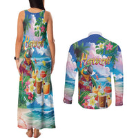 Hawaii Cocktails Couples Matching Tank Maxi Dress and Long Sleeve Button Shirt Parrot with Cute Beach Landscape and Tropical Plants