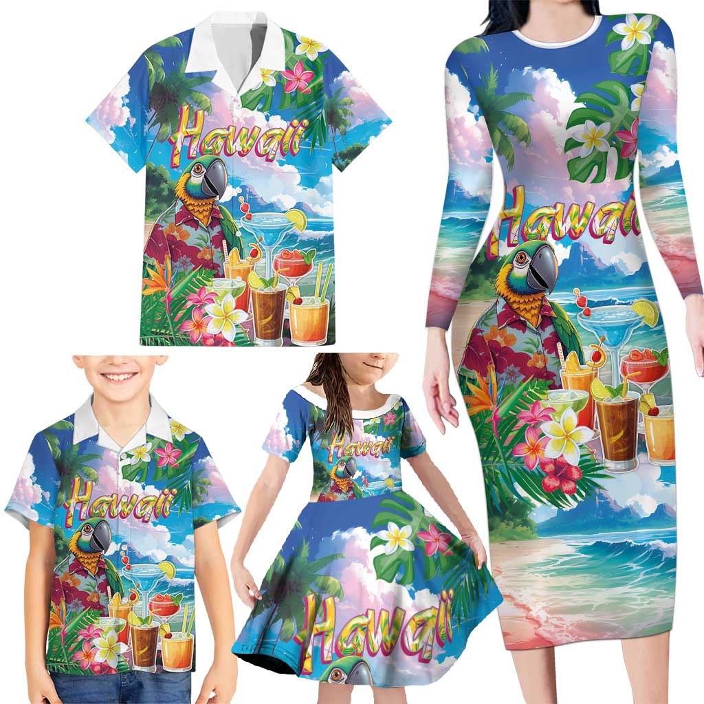 Hawaii Cocktails Family Matching Long Sleeve Bodycon Dress and Hawaiian Shirt Parrot with Cute Beach Landscape and Tropical Plants