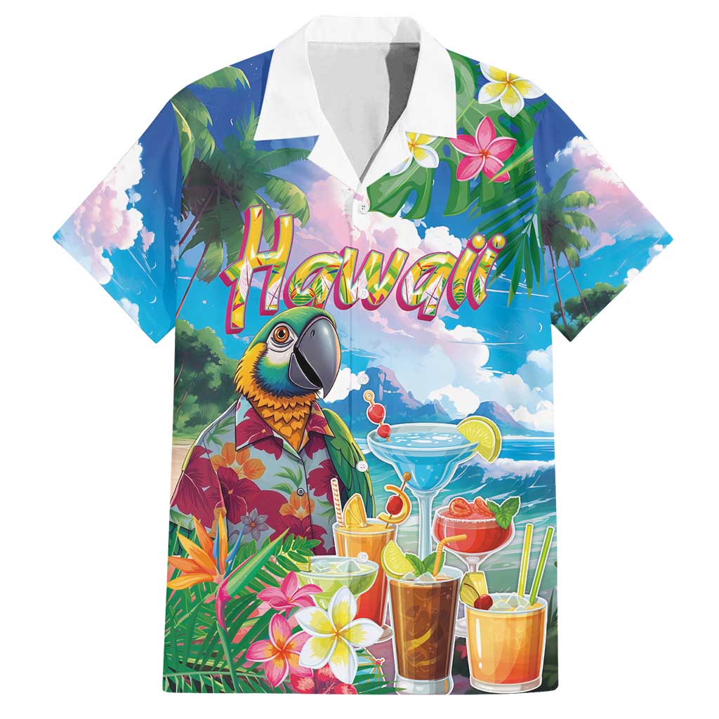 Hawaii Cocktails Family Matching Long Sleeve Bodycon Dress and Hawaiian Shirt Parrot with Cute Beach Landscape and Tropical Plants
