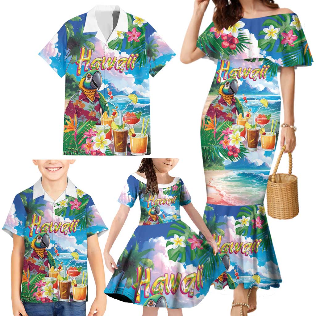 Hawaii Cocktails Family Matching Mermaid Dress and Hawaiian Shirt Parrot with Cute Beach Landscape and Tropical Plants