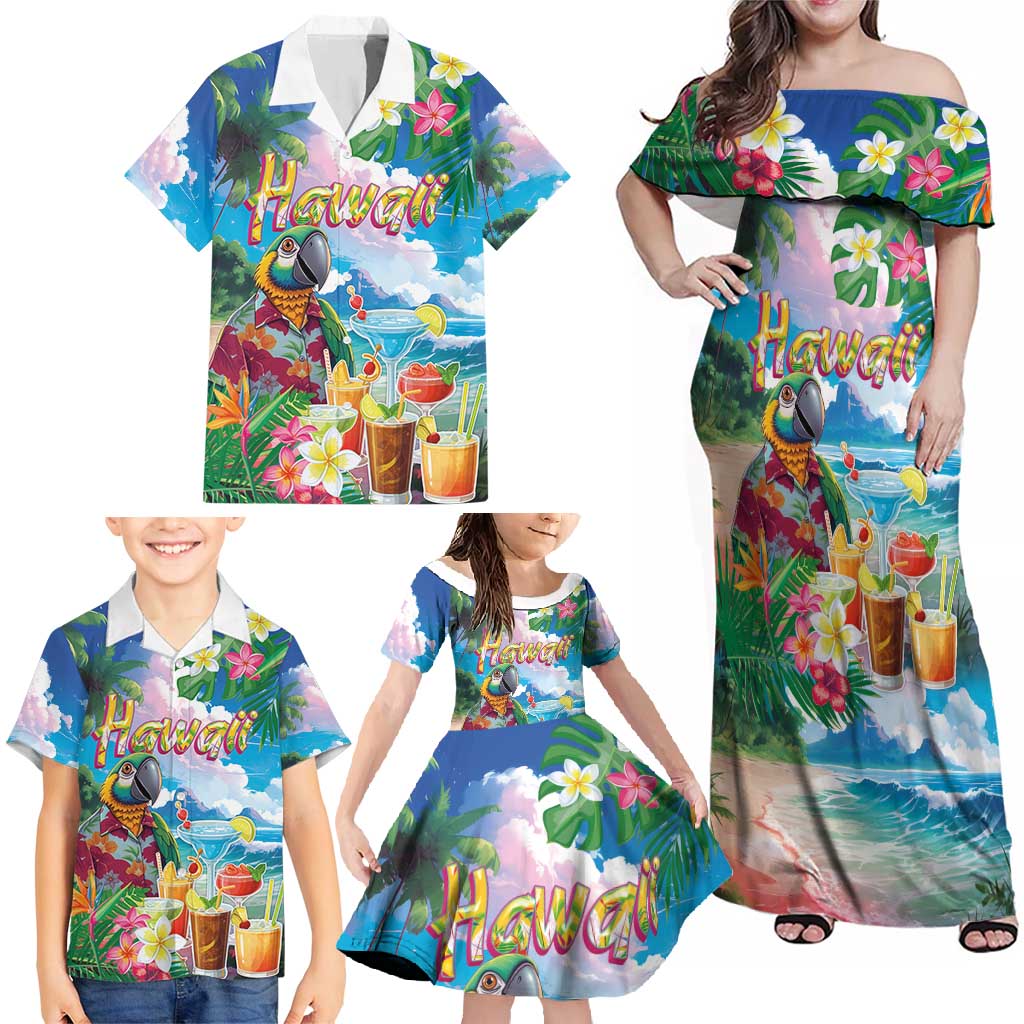 Hawaii Cocktails Family Matching Off Shoulder Maxi Dress and Hawaiian Shirt Parrot with Cute Beach Landscape and Tropical Plants