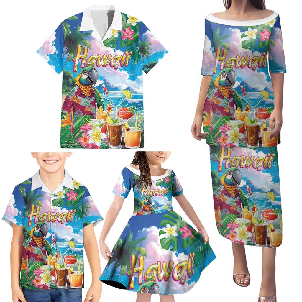 Hawaii Cocktails Family Matching Puletasi and Hawaiian Shirt Parrot with Cute Beach Landscape and Tropical Plants