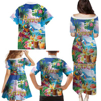 Hawaii Cocktails Family Matching Puletasi and Hawaiian Shirt Parrot with Cute Beach Landscape and Tropical Plants