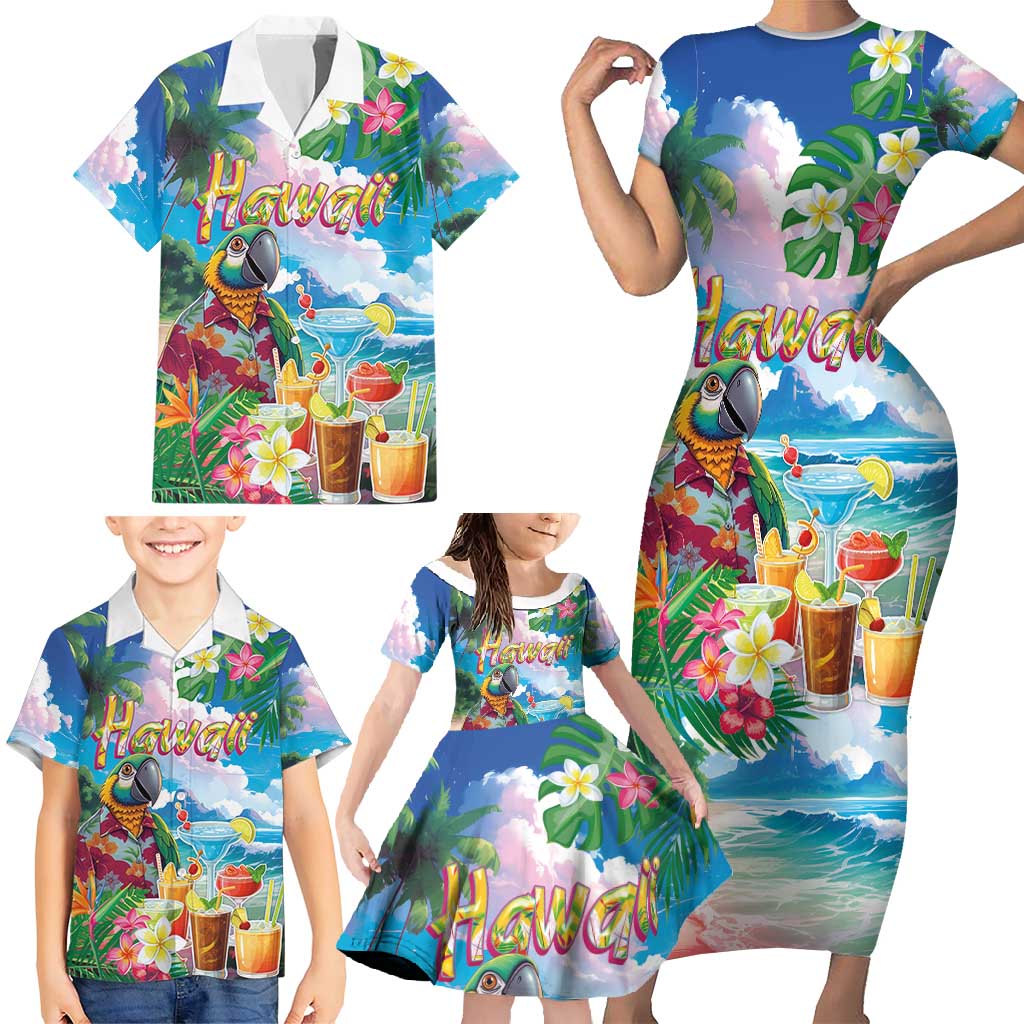 Hawaii Cocktails Family Matching Short Sleeve Bodycon Dress and Hawaiian Shirt Parrot with Cute Beach Landscape and Tropical Plants