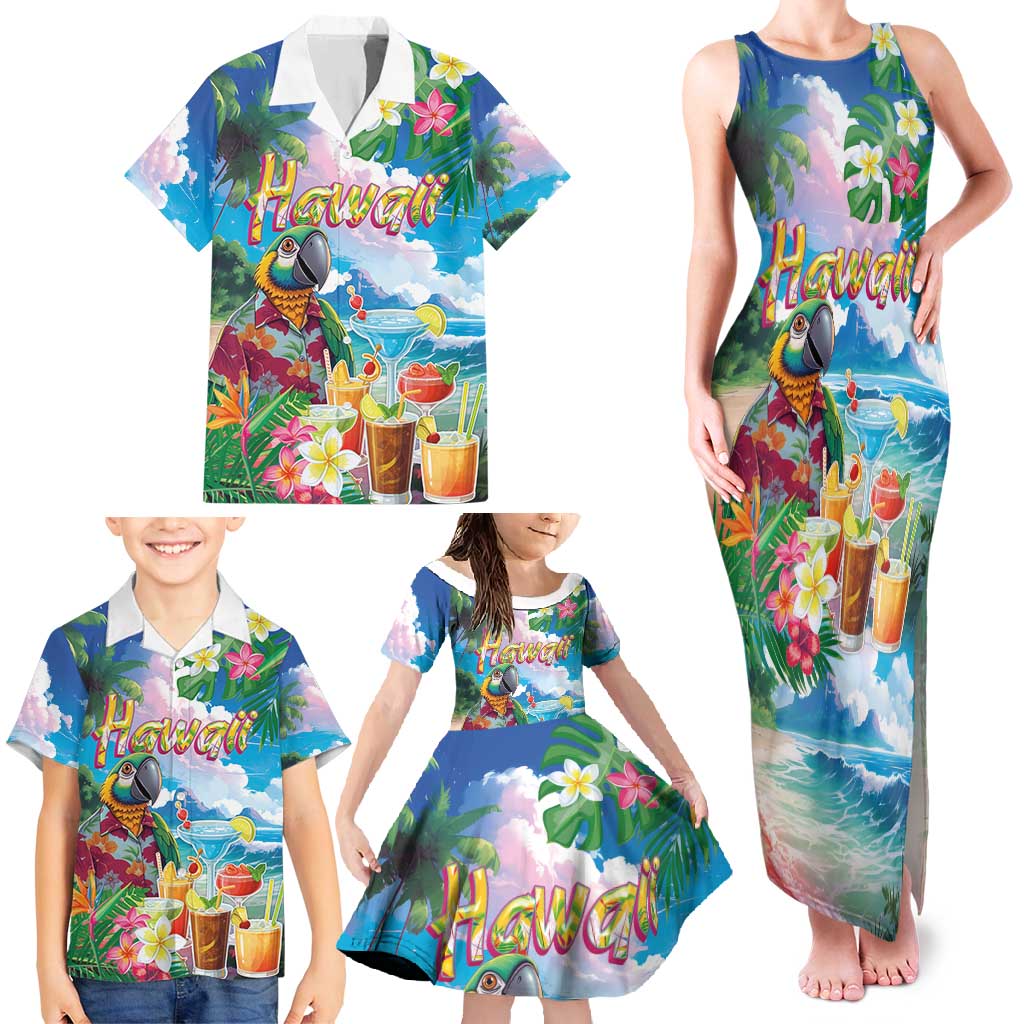 Hawaii Cocktails Family Matching Tank Maxi Dress and Hawaiian Shirt Parrot with Cute Beach Landscape and Tropical Plants