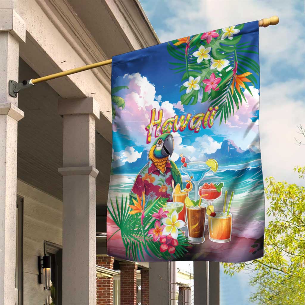 Hawaii Cocktails Garden Flag Parrot with Cute Beach Landscape and Tropical Plants