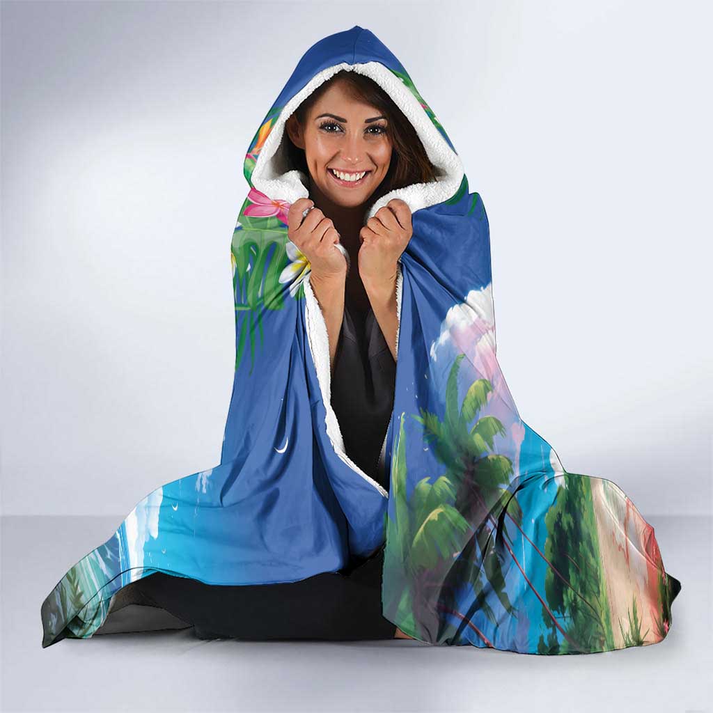 Hawaii Cocktails Hooded Blanket Parrot with Cute Beach Landscape and Tropical Plants