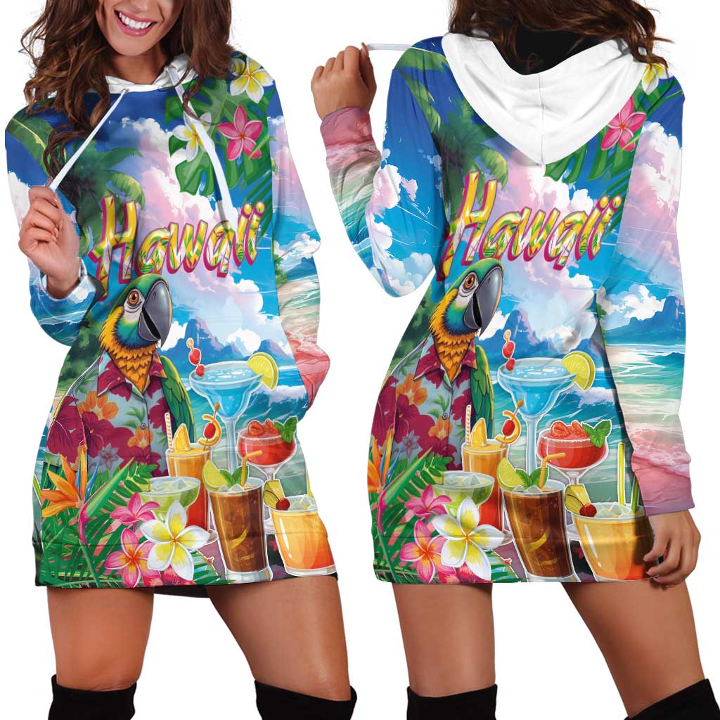 Hawaii Cocktails Hoodie Dress Parrot with Cute Beach Landscape and Tropical Plants