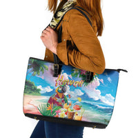 Hawaii Cocktails Leather Tote Bag Parrot with Cute Beach Landscape and Tropical Plants