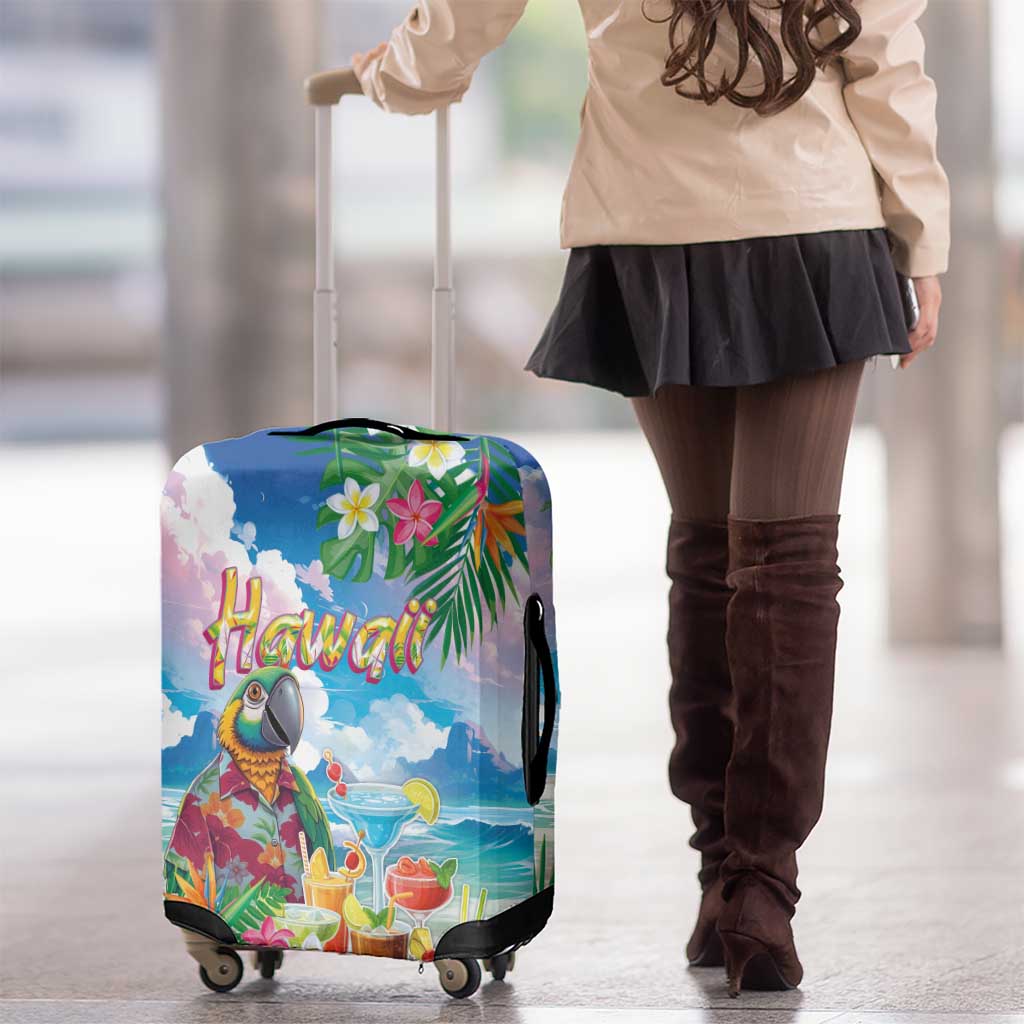 Hawaii Cocktails Luggage Cover Parrot with Cute Beach Landscape and Tropical Plants