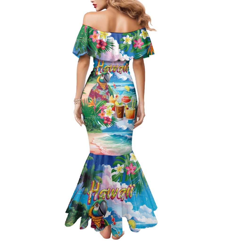 Hawaii Cocktails Mermaid Dress Parrot with Cute Beach Landscape and Tropical Plants