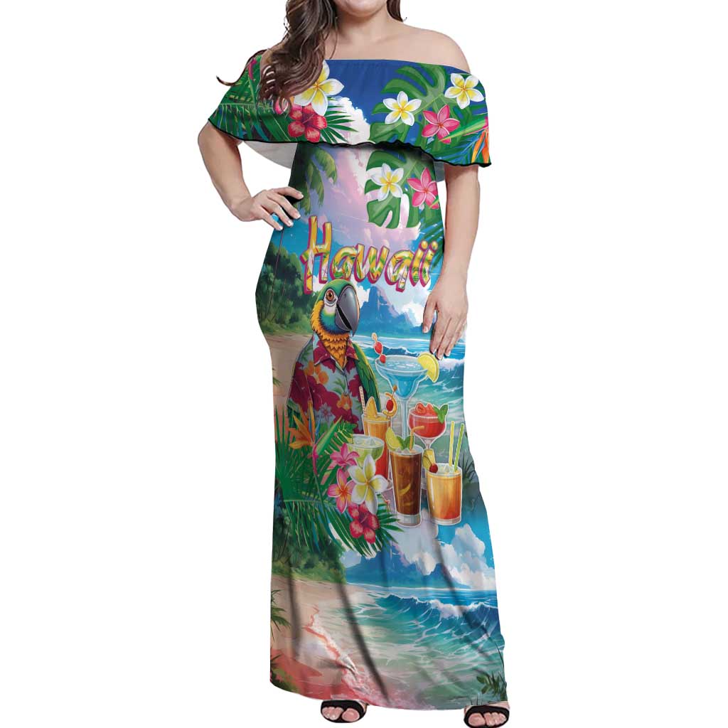 Hawaii Cocktails Off Shoulder Maxi Dress Parrot with Cute Beach Landscape and Tropical Plants